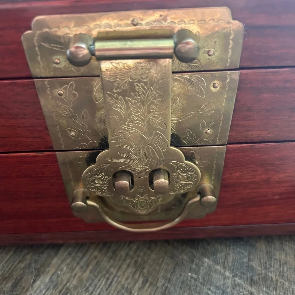 Vintage Chinese Rosewood Hongmu Jewelry Box Brass Hardware Red Silk Lining 12in